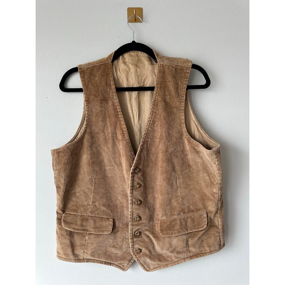 Vintage 80s Corduroy Vest Brown Mens S Cotton Waistcoat Minimalist Boho Style